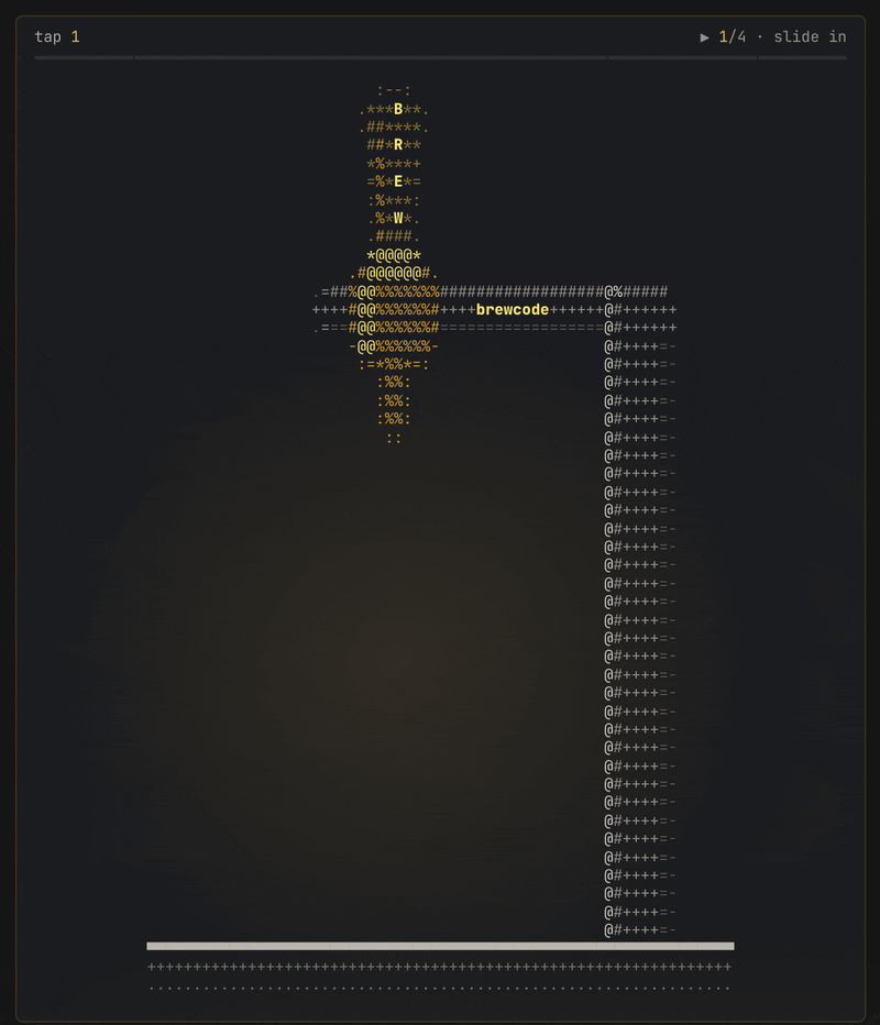 Terminal-style animation of the brewcode mods hub: an ASCII brewcode tap pours the mods' source code into a glass in four stages: slide in, pour, head, served
