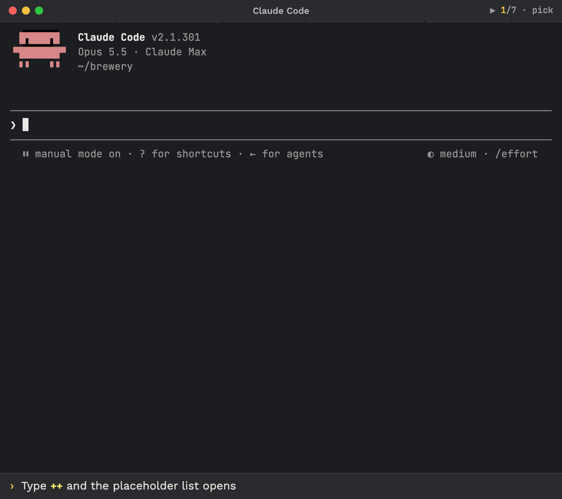 Claude Code terminal, real session: ++ opens the placeholder list, Tab inserts ++r, the caret on it shows the lines Claude receives, and /placeholders global add ++db saves your own after one question.
