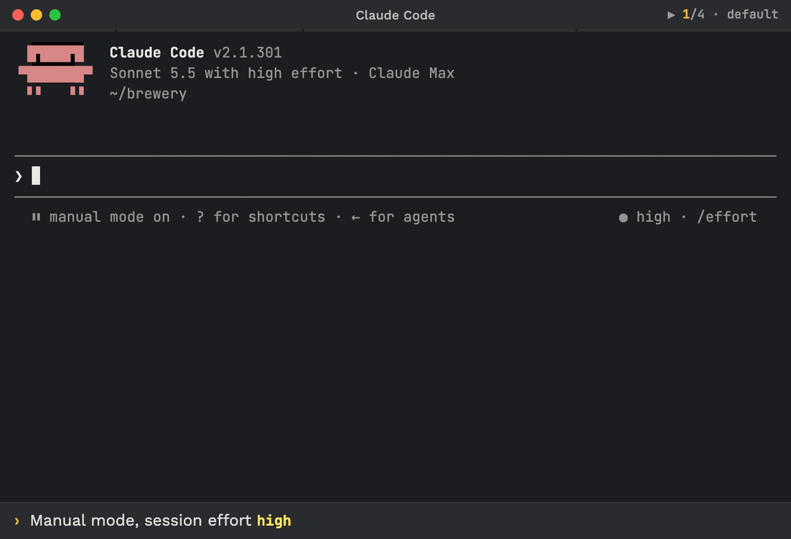 Claude Code terminal, session effort high: Shift+Tab into plan mode shows no row, the first prompt shows a toast and a teal plan-mode row (Claude Code's plan-mode colour) above the prompt, and Shift+Tab out removes the row.
