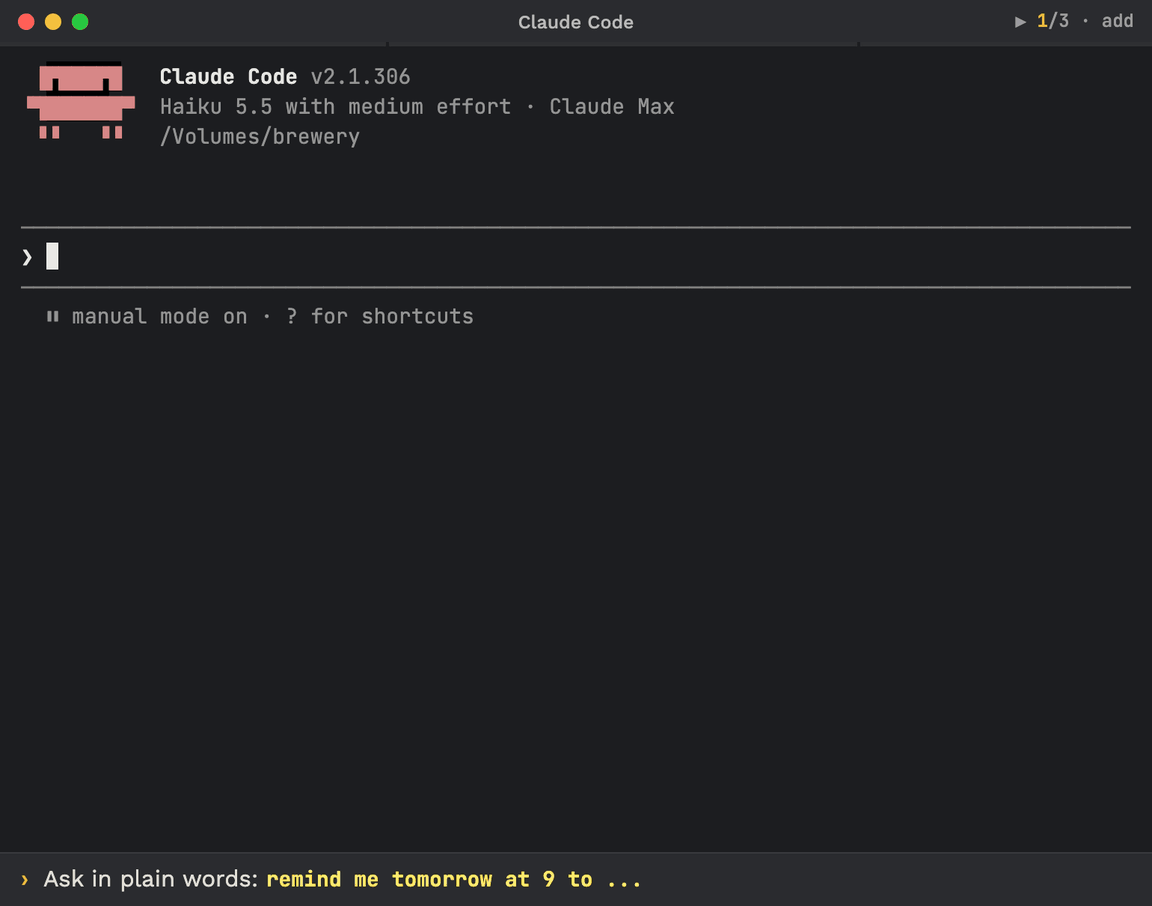 Claude Code terminal: a reminder is created by a plain prompt, fires, and the reminders band shows 1 fired above the prompt. Typing **1 runs the action and marks it done, and a note is shown in full and closed.